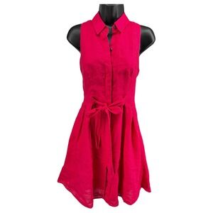 HD in Paris‎ Anthropologie Pink Linen Shirt Dress Sleeveless Pockets Belted 2